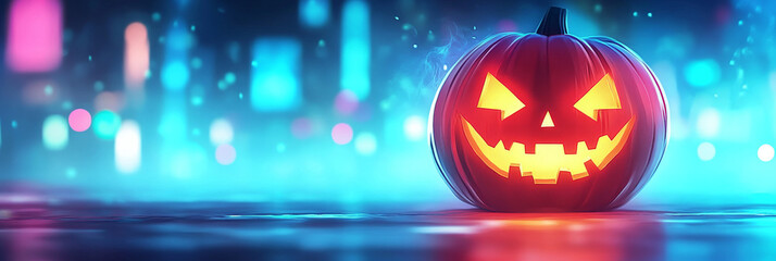 A glowing jack-o'-lantern with a spooky grin against a vibrant blue and pink backdrop.