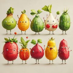 A group of adorable cartoon fruits and vegetables with happy faces.