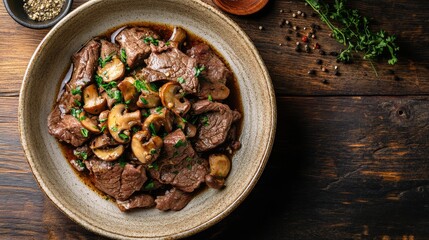 A dish featuring tender boiled beef tongue is beautifully garnished with sautéed mushrooms and fresh herbs, creating a rich and appetizing presentation on a wooden table