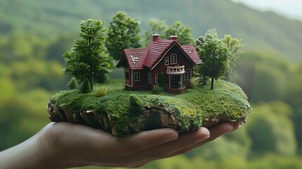 A miniature house surrounded by trees, held in a hand, symbolizing care for nature and home.