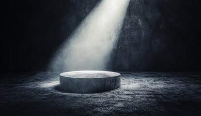 The bare podium stands on dark backdrop with minimal platform studio mockup concept or advertising pedestal display elegant dark backdrop premium shelf on black stage.