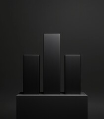 A luxury geometric black podium stage stand on a platform displaying a 3D display of an empty showcase product pedestal or a modern studio presentation scene, complemented by an elegant advertising