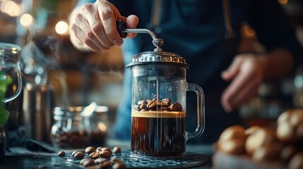 Sticker - A hand presses down on the plunger of a French press, making coffee.