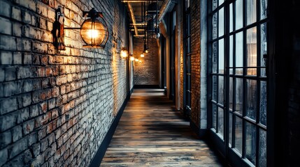 A vintage industrial hallway with rough brick walls, weathered wood floors, and steel light fixtures casting a warm glow