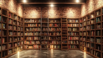 Industrial design in a home library with floor-to-ceiling wooden bookshelves, metal ladder, and brick walls with spotlights