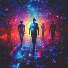 Wall Mural - people in a digital world, connected in cyberspace. colorful technology background