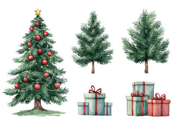 Wall Mural - Christmas tree and gifts, watercolor style isolated on transparent background.