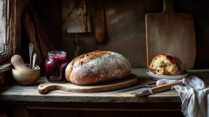 Rustic Bread and Preserves on a Wooden Table