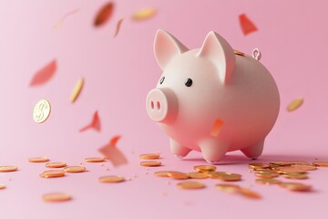 Wall Mural - With pink background and piggy bank and golden coin, financial planning for the future is depicted. 3D rendering.