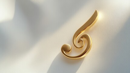Poster - A solitary gold musical note elegantly placed on a smooth white background. Soft light enhances its curves, highlighting its artistic design and reflective quality
