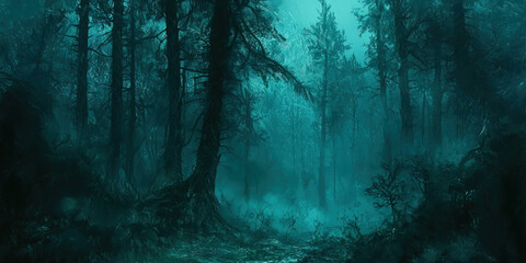 Poster - A forest with a dark blue sky and trees