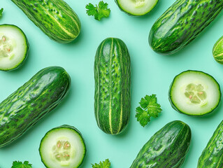 Wall Mural - Cucumbers with slices and herbs on a pastel green background.