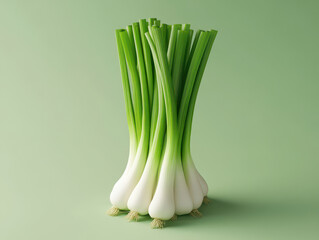 Poster - Upright bunch of scallions on a pastel green background.