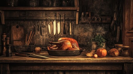 Wall Mural - Rustic Thanksgiving Feast: A Cozy Culinary Masterpiece