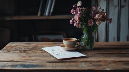 Wall Mural - A Cozy Moment with Flowers and Coffee on a Rustic Table