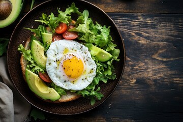 Close-up flat lay of delicious poached egg with liquid yolk on toast with fresh salad leaves and avocado at dark rustic brown wooden background/ table - generative ai