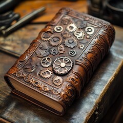 A leather-bound journal with steampunk style design and decorative gears on its cover.