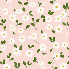 Wall Mural - A repeating flat design pattern of tiny white daisies and green leaves on a soft blush pink background, for a feminine and delicate feel.
