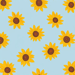 Wall Mural - A pattern of small sunflowers in flat design style with bright yellow petals and brown centers, scattered over a light blue backdrop, for a summery feel.