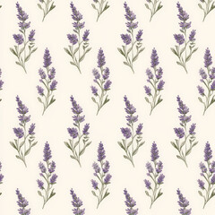 Wall Mural - Small lavender flowers arranged in a repeating flat pattern on a light cream background, creating a soft and elegant floral design.