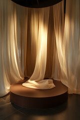 Wall Mural - A podium in rich chocolate brown with flowing cream-colored curtains, softly illuminated by golden ambient light, creating a warm, inviting product display.