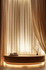 Wall Mural - A podium in rich chocolate brown with flowing cream-colored curtains, softly illuminated by golden ambient light, creating a warm, inviting product display.