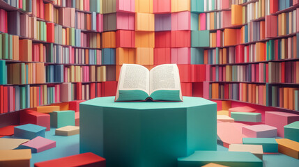 A podium with an open book as the focal point, surrounded by colorful book covers, set in a vibrant library scene for Book Lovers Day.