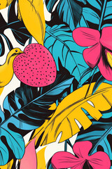 Wall Mural - A bold hand-drawn tropical background with large jungle leaves, exotic fruits, and playful birds in neon pink, yellow, and turquoise, outlined in thick black lines.