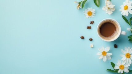 Aufkleber - Enjoy a refreshing morning with aromatic coffee and flowers arranged on a soothing light blue background, perfect for relaxation. Generative AI