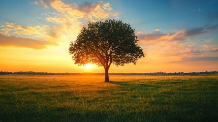 Wall Mural - A lone tree stands silhouetted against a vibrant sunset sky, casting long shadows across the lush green meadow. 