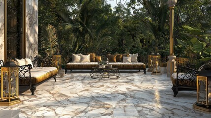 An exquisite outdoor patio with marble tiles, velvet cushioned wrought-iron furniture, and gold lanterns Perfect for luxurious outdoor living and entertaining