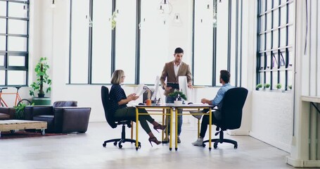 Aufkleber - Group or team of professional business people talking, discussing work and planning while working on a computer in their office. Manager and staff brainstorming ideas together in a workplace desk