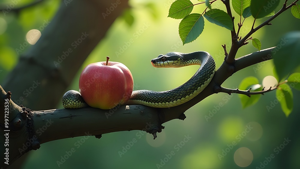 Snake on an apple tree, Eden, paradise Stock Illustration | Adobe Stock