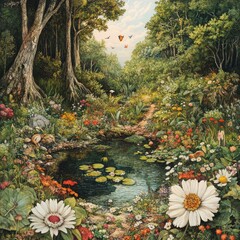 Canvas Print - A lush forest scene with a winding path leading through a vibrant meadow with a small pond and a variety of flowers, trees, and butterflies.