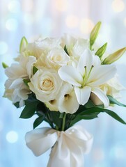 Poster - A stunning bouquet featuring white roses and lilies elegantly tied with a silk ribbon, beautifully contrasting the soft pastel background. Generative AI