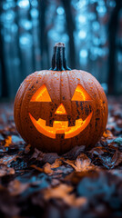 Sticker - A carved jack-o-lantern glows in a dark forest.