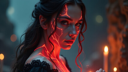 Wall Mural - close-up, Safe for work depiction of a powerful enchantress with that seems to come alive, intertwined with glowing red veins that pulse with energy. The background has Flickering Candlelight, glimmer