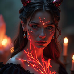 Wall Mural - close-up, Safe for work depiction of a powerful enchantress with that seems to come alive, intertwined with glowing red veins that pulse with energy. The background has Flickering Candlelight, glimmer