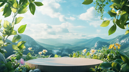 Wall Mural - A podium with Earth elements like green leaves, flowers, and blue skies, set in a peaceful natural landscape to honor Earth Day.