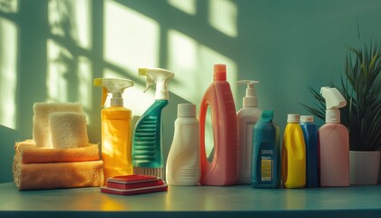 An arrangement of various cleaning supplies displayed on a table, ready for use.