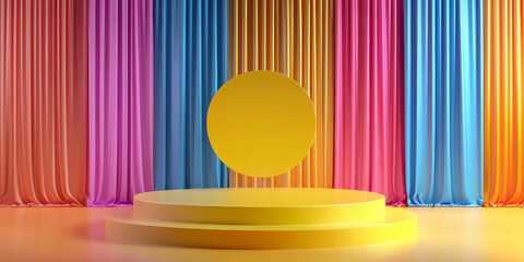 Wall Mural - A bright yellow podium with vibrant, multicolored curtains, set in a lively environment with dynamic lighting. Great for a playful and energetic product display.