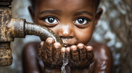 african kid drinking water from faucet in africa, sad thirsty child in poverty drinks from rusty tap