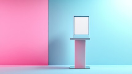 Poster - A clean and modern advertising booth stands elegantly between soft pastel walls, showcasing a customizable panel perfect for promotional use in various settings