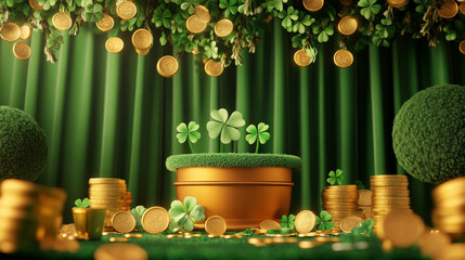 A podium adorned with shamrocks, Irish symbols, and golden coins, set in front of a festive backdrop for Saint Patrickâ€™s Day celebration.