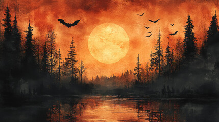 Spooky forest scene with a full moon and bats flying overhead.