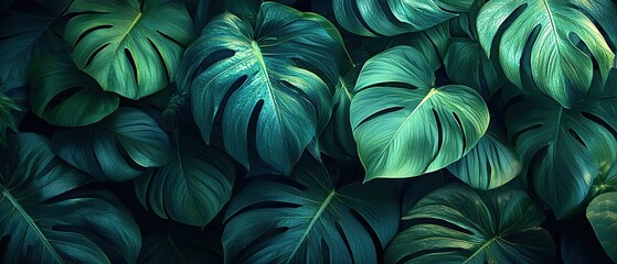 Wall Mural - Lush green monstera leaves texture background.