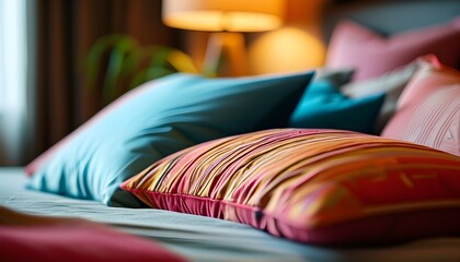 Vibrant close-up of plush pillows on a cozy bed illuminated by soft, warm lighting