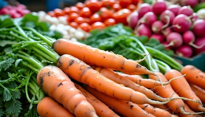 Vibrant assortment of fresh carrots, radishes, onions, and tomatoes at a bustling farmers market