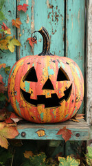 Poster - A colorful jack-o'-lantern sits on a weathered shelf.