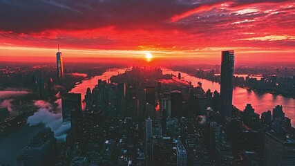 Poster - The vibrant sunset casts deep red and orange hues over the city skyline, with clouds swirling above and reflecting on the waters of the river below.